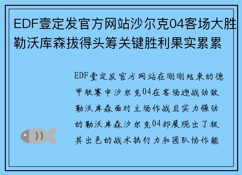 EDF壹定发官方网站沙尔克04客场大胜勒沃库森拔得头筹关键胜利果实累累